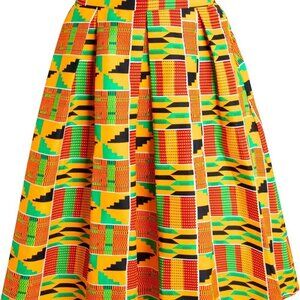Women's African High Waist Pleated Midi Skirt with Pockets Floral Print